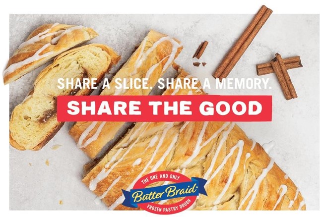 Butter Braid Cinnamon pastry with Share the Good and logo